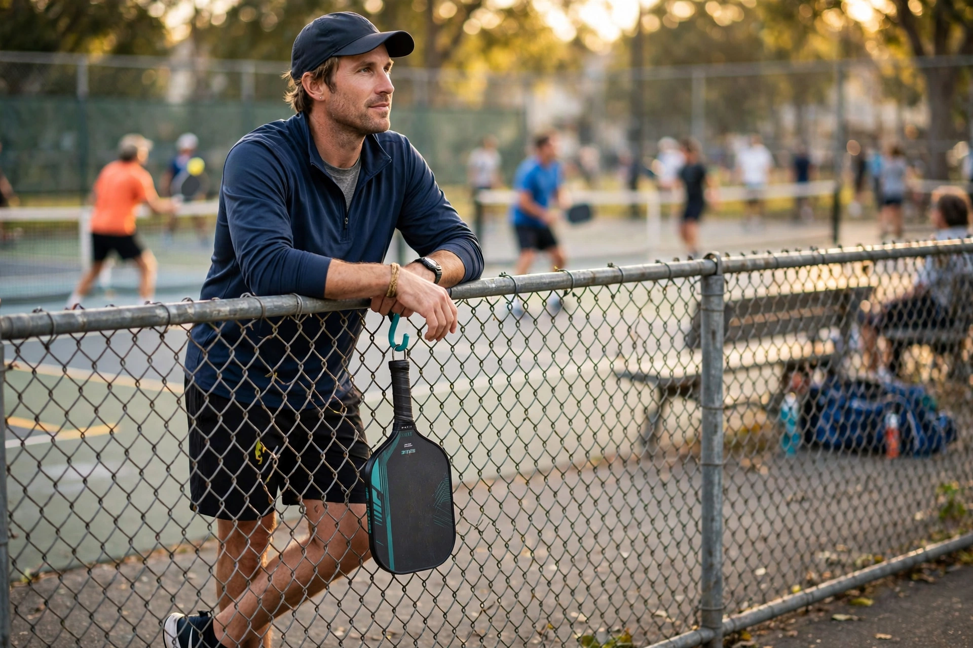 Player waiting courtside with paddle hanging from a Pickleball Hook on the fence