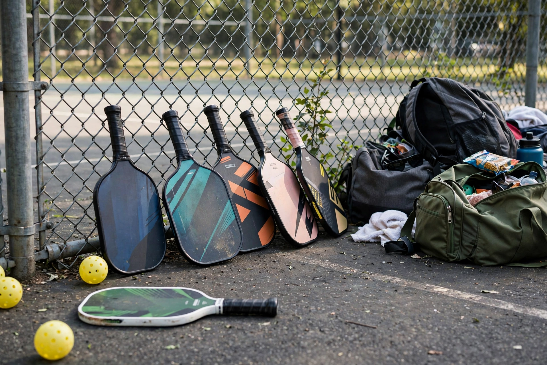 Pickleball paddles leaning against a fence and lying on the ground