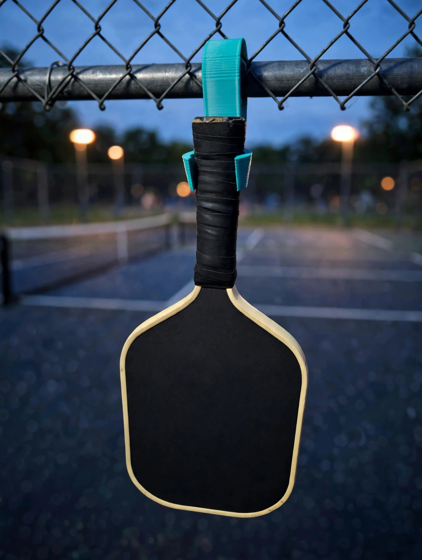 Paddle hanging from the Pickleball Hook on the fence at dusk